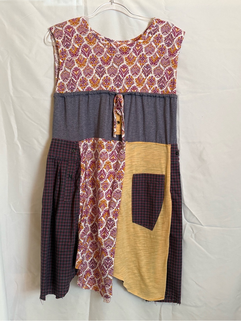 Upcycled Patchwork Boho Damask print and Plaid knit Tunic Dress Size M to L